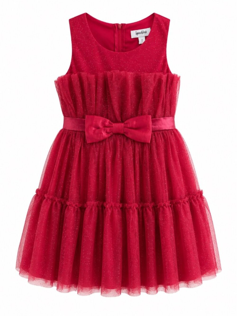 Speechless Kids Red Glitter Tulle Dress With Bow Size 6 Polyester Sleeveless Zip